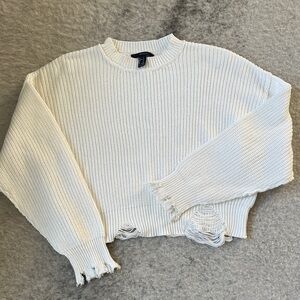 Forever 21 Cream Distressed Cropped Crewneck Sweater